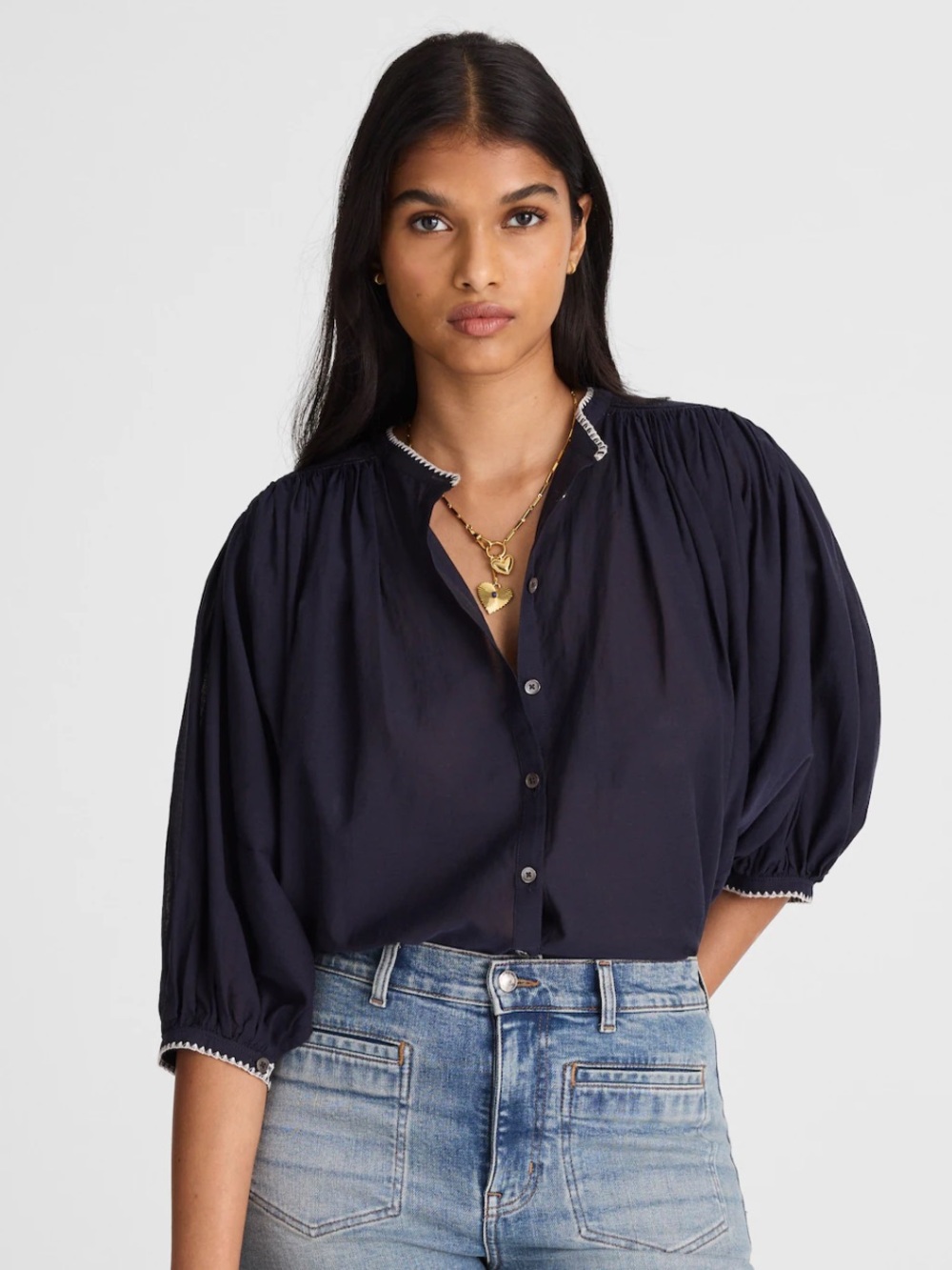 Madewell Navy Gathered Cotton Puff-Sleeve Buttoned Blouse, Size Medium, NWT